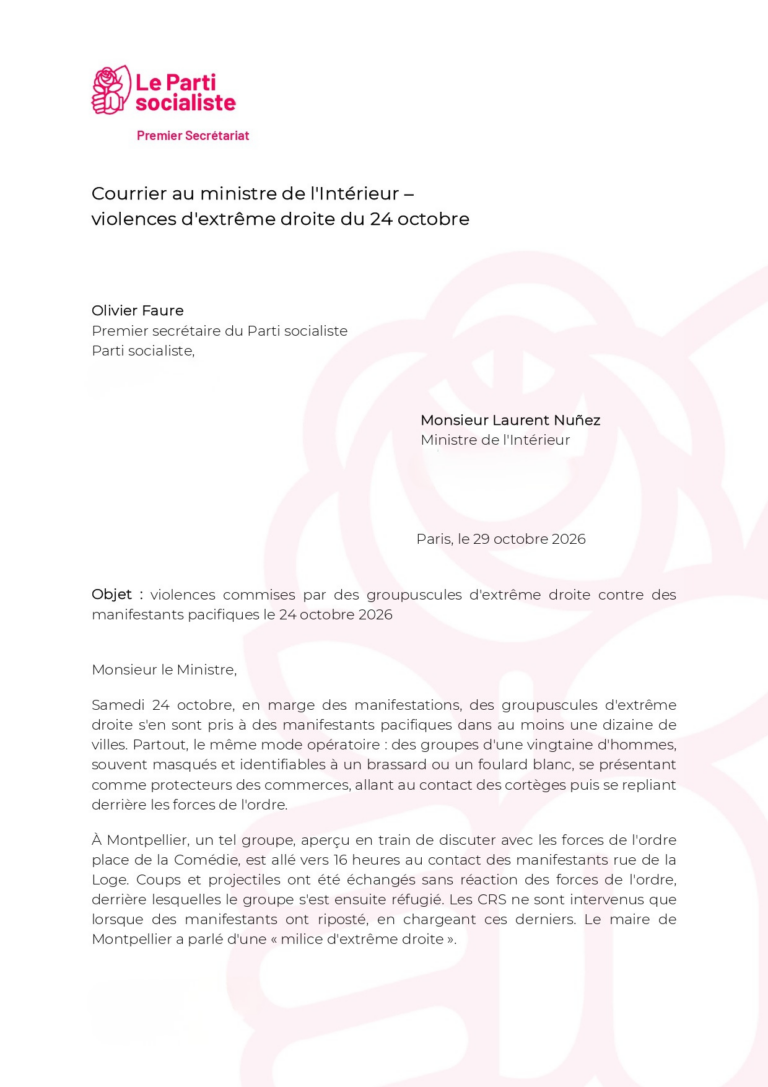 Lettre d'Olivier Faure au ministre de l'intérieur